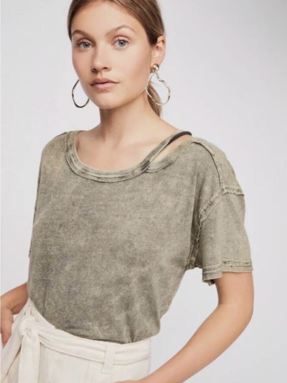 Free People Washed Olive Short Sleeve Scoop Tee- Size XXS